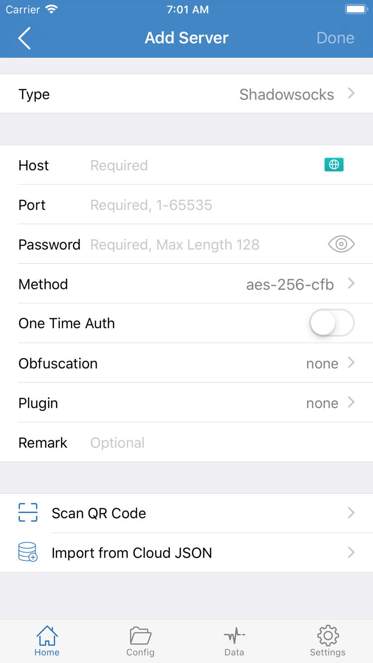 Shadowrocket Add Server screen showing Type, Host, Port, Password, Method, and the Scan QR Code option