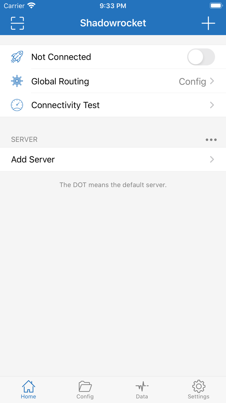 Shadowrocket Home screen showing the Not Connected switch, Global Routing, and Connectivity Test at the top, with SERVER and Add Server below